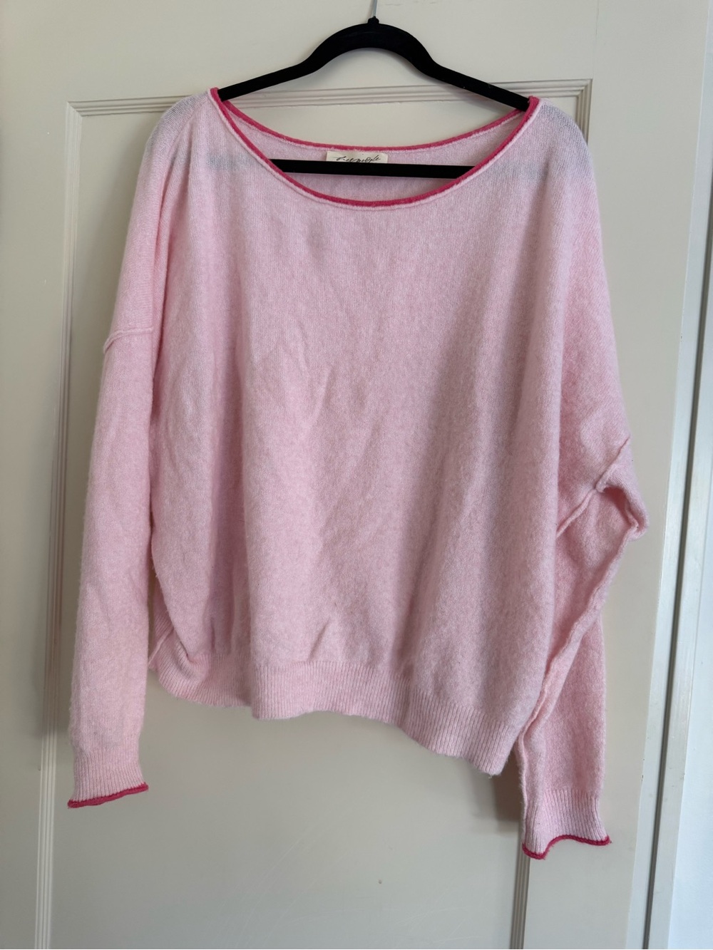 Free People Light Pink Crewneck Sweater with Hot Pink Trim